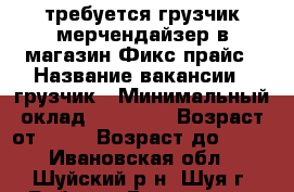 требуется грузчик-мерчендайзер в магазин Фикс прайс › Название вакансии ­ грузчик › Минимальный оклад ­ 18 000 › Возраст от ­ 19 › Возраст до ­ 40 - Ивановская обл., Шуйский р-н, Шуя г. Работа » Вакансии   . Ивановская обл.